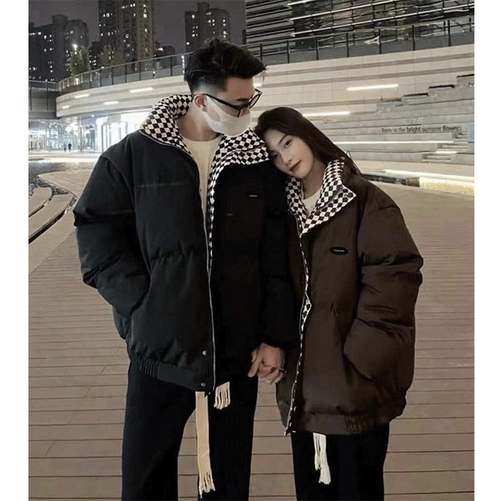 Áo Khoác phao béo  phối kẻ caro from rộng   phong cách hàn quốc Ulzzang