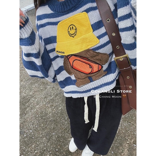 [Ảnh thật/Video]Áo len kẻ xanh dáng ngắn hình vịt vàng