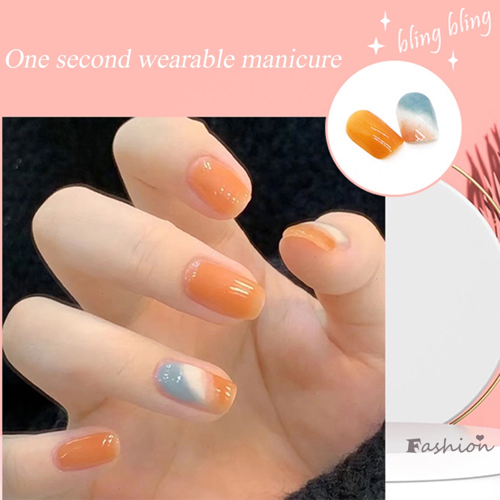 Bộ 24 Móng Chân Giả Ngắn Màu Cam / Xanh Dương Bóng Dễ Xé Không Rơi Trang Trí Móng Tay DIY Phong Cách Pháp Cho Nữ Và Phụ Nữ