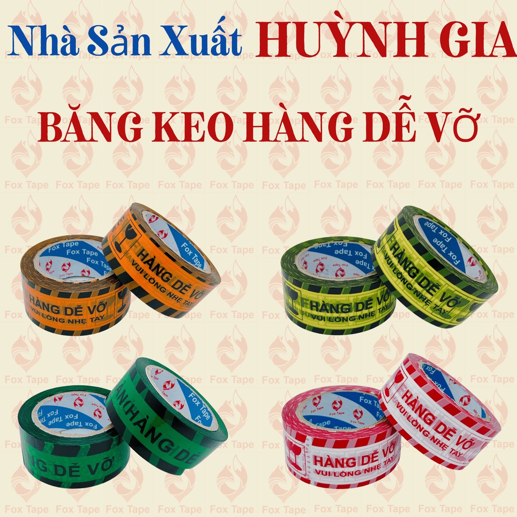Combo 4 cây Băng Keo Hàng Dễ Vỡ 4 màu vàng đen, cam đen, lá đen, trắng đỏ đóng gói hàng hoá