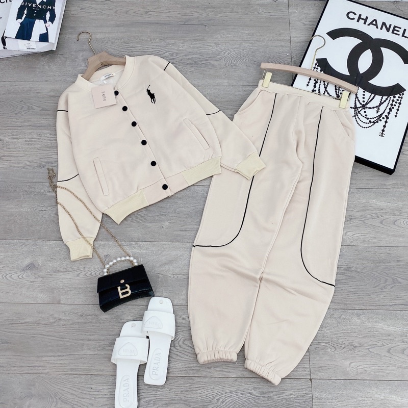 [ 𝐅𝐑𝐄𝐄 𝐒𝐇𝐈𝐏 ]  Set bộ thể thao cúc bấm viền mí thêu ngực siêu phẩm Vải nỉ tàu dày dặn