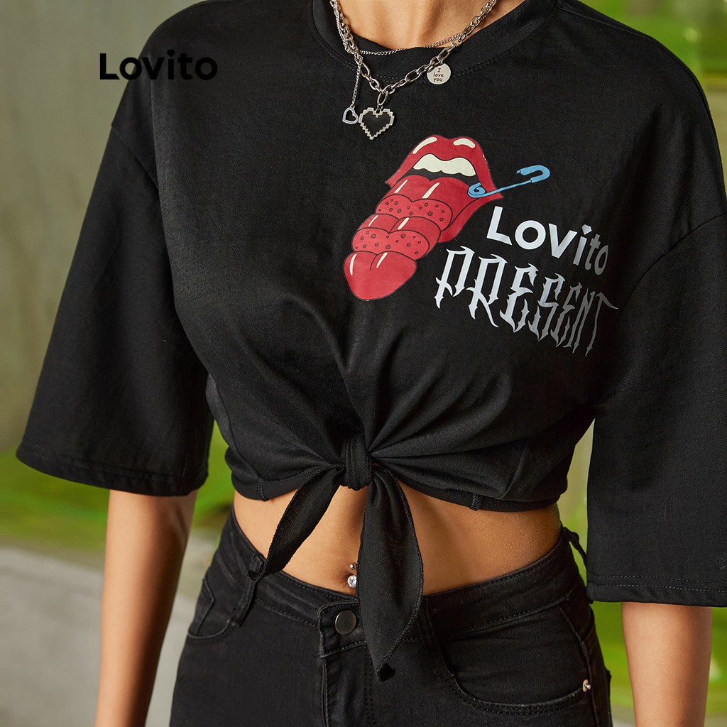 Áo thun Lovito màu trơn in họa tiết phối nơ/ buộc dây L16EE47(Màu đen)