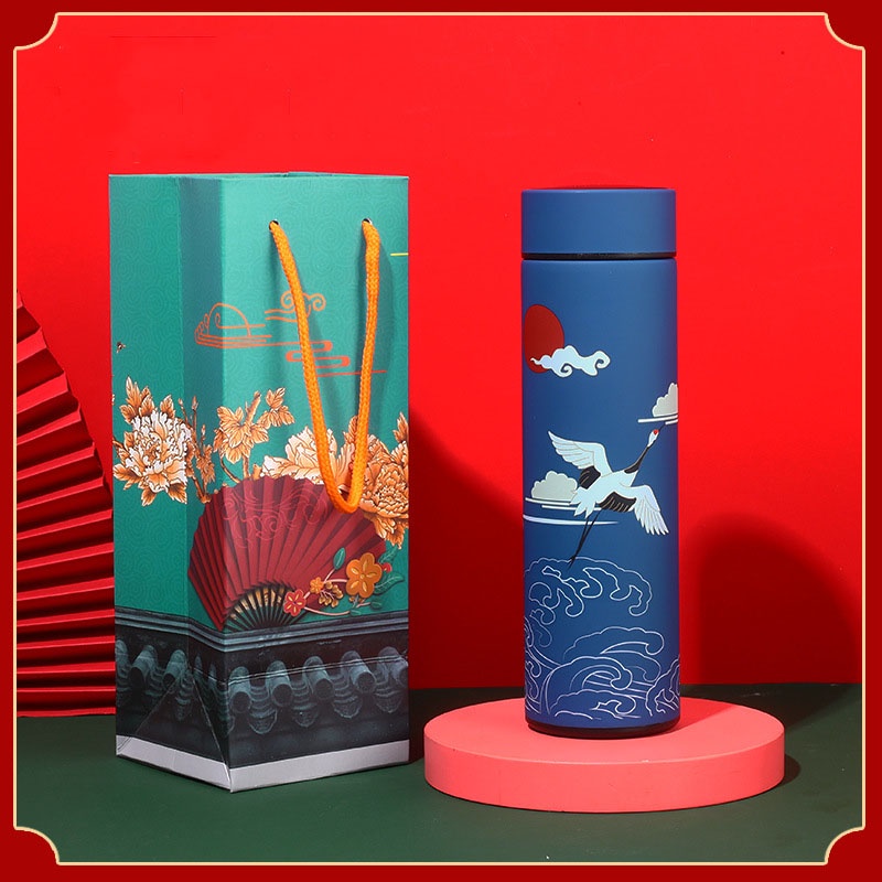 Bình giữ nhiệt hiển thị nhiệt độ họa tiết cung đình Ráp 500ml kèm túi, hộp quà dùng để uống nước, trà, cà phê quà tặng