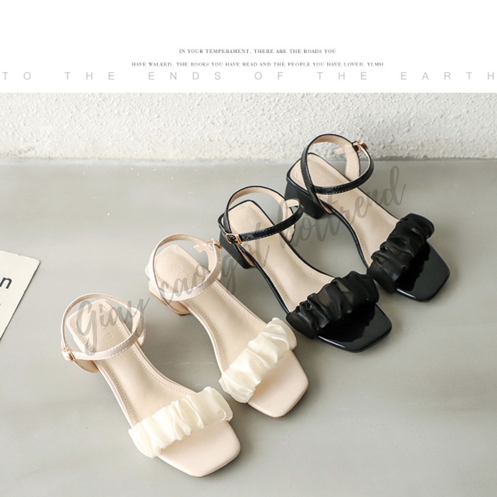 Giày cao gót quai nhún bèo Hottrend 2023 MIDUKA, sandal nữ đế vuông 3 phân chuẩn size 35-39 3 màu trắng, đen,kem mã NT05