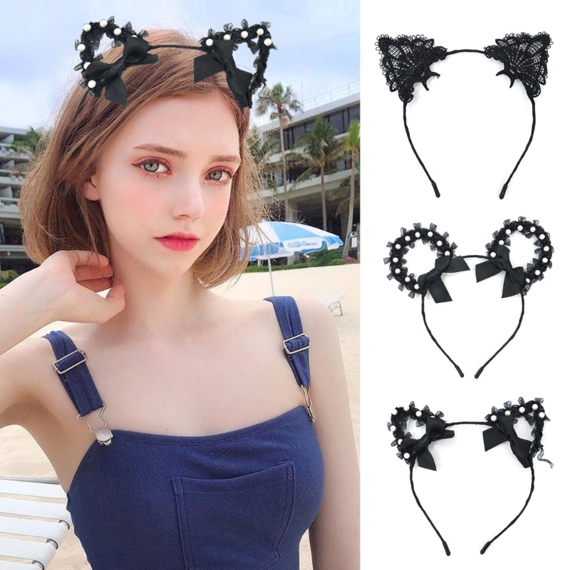 Băng Đô Tai Mèo Phối Ren Đính Ngọc Trai Dễ Thương Phong Cách Lolita