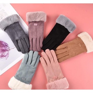 Găng tay da lộn lót lông cảm ứng nữ - Bao tay da lộn cảm ứng