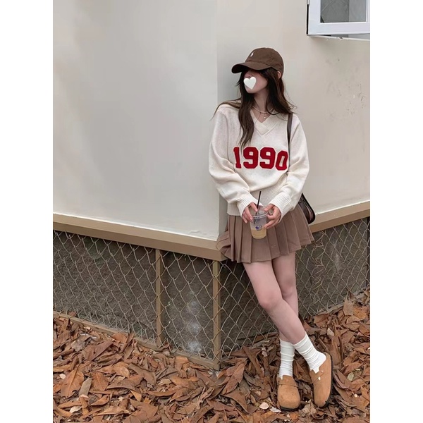 Áo sweater NZN dệt kim cổ chữ V dáng rộng màu sắc tương phản thời trang thu đông vintage cho nữ