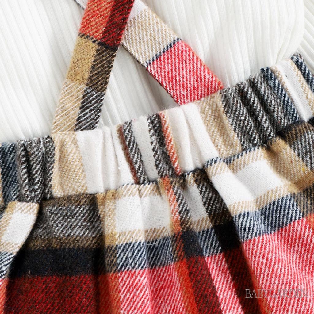 Bộ Áo Liền Quần Tay Dài Có Gân Trơn + Váy Yếm + Băng Đô Cài Tóc Họa Tiết Kẻ Sọc Thời Trang Mùa Xuân Cho Bé Gái 6 Tháng Tuổi