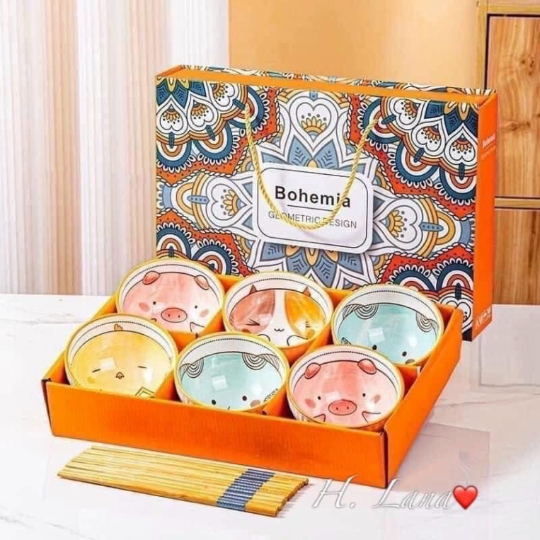 SET BỘ 6 BÁT CON KÈM 6 ĐÔI ĐŨA ĐÓNG HỘP XỊN