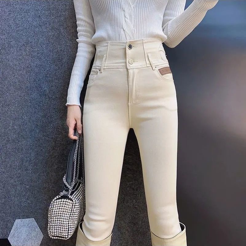 Jiashucheng Quần Legging Lưng Cao Lót Lông Cừu Màu Be Phong Cách Âu Mỹ Mùa Thu Hàn Quốc Cho Nữ