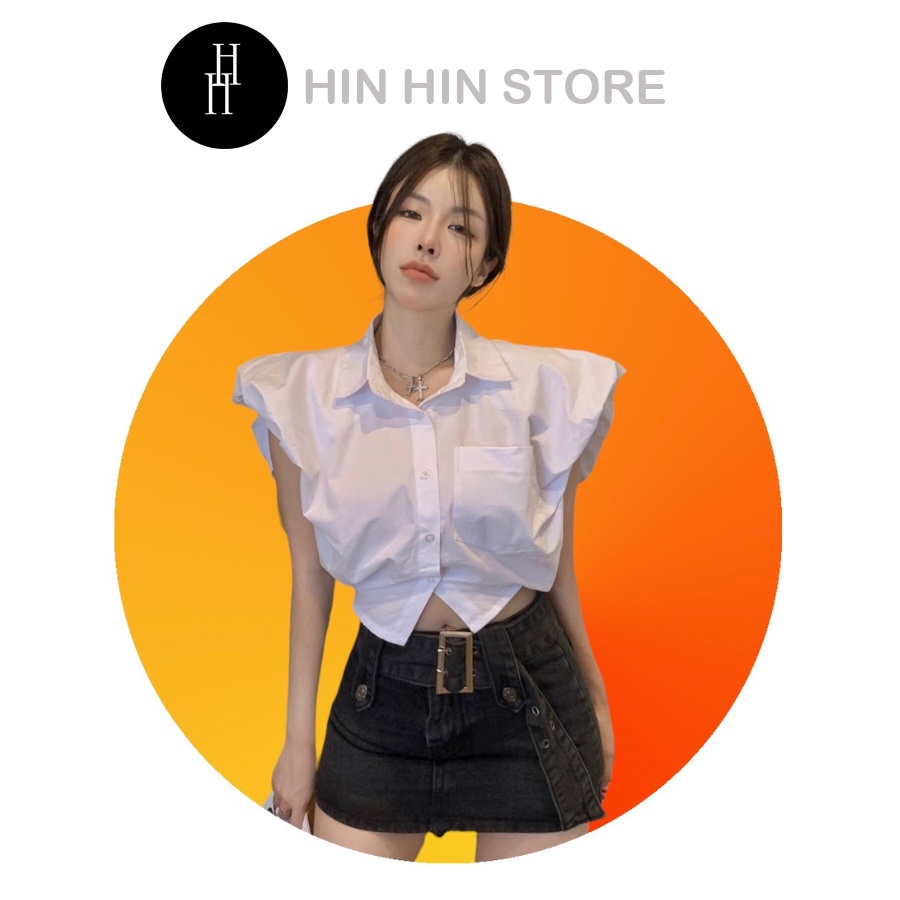 Áo sơ mi croptop HAC146 tay ngắn độn vai màu trắng Hỉn Hỉn Store