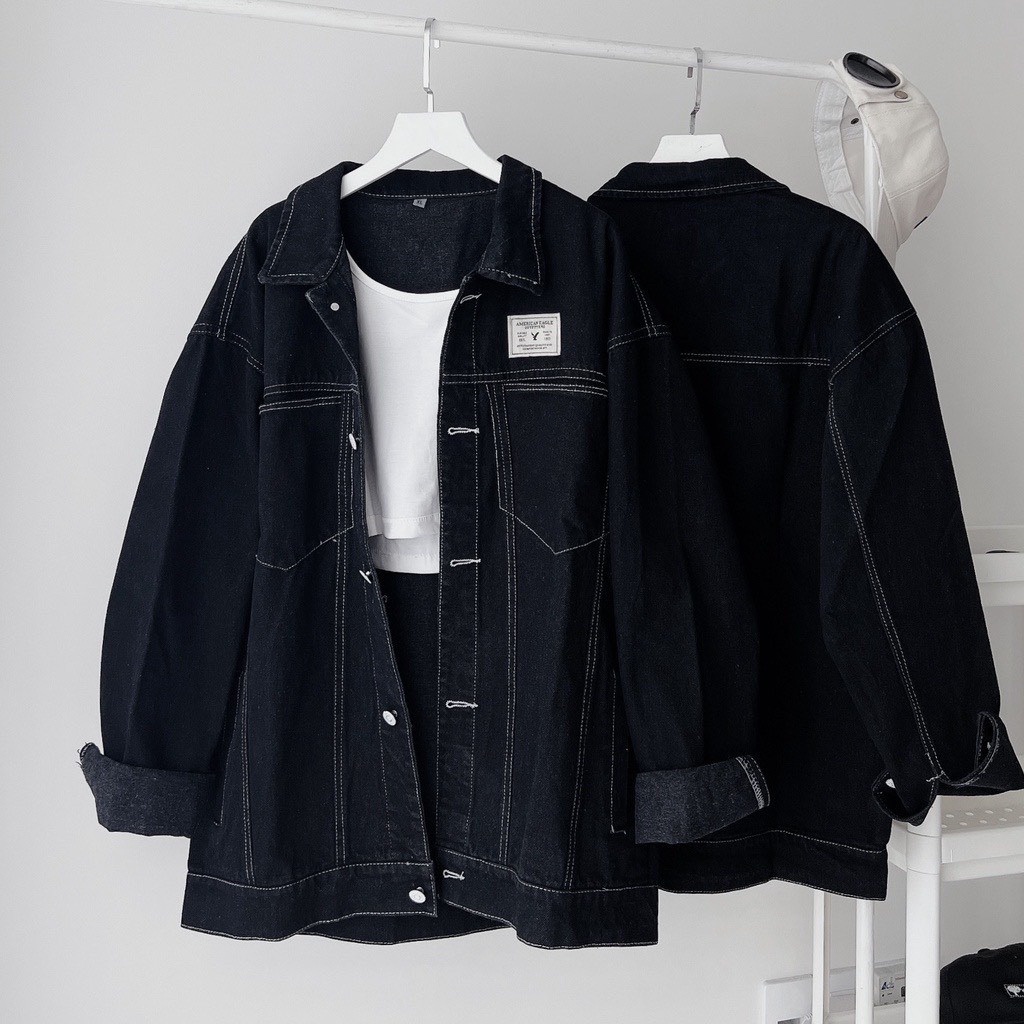 Áo Khoác Jean Nữ Form Rộng UNISEX Nam Nữ Màu Xanh và Đen - Áo Khoác Bò Nữ Thêu Chữ AMERI Form Rộng Suông 545 546