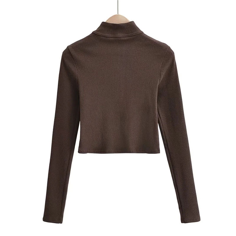 Áo Thun Crop Top Co Giãn Tay Dài Có Khóa Kéo Nửa Màu Trơn Thời Trang Thu Đông 2023 Cho Nữ 6 Màu