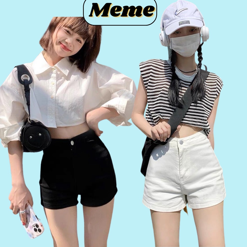 Quần short jeans trơn MEME.Unii co dãn ôm sát cạp cao tôn dáng, quần sooc bò ngắn trơn đen trắng xanh