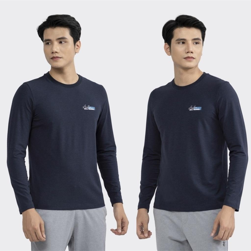 Áo thun nam dài tay Aristino ALT002W2 T-shirt Thu Đông Trơn Màu Vải Cotton cao cấp dáng Regular Fit Suông Vừa Cổ Tròn