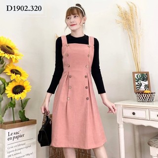 Đầm Đi Chơi NHẬT VY Nhung Phối Cúc Gỗ Không Kèm Áo Màu Xanh, Nâu, Hồng - D1902