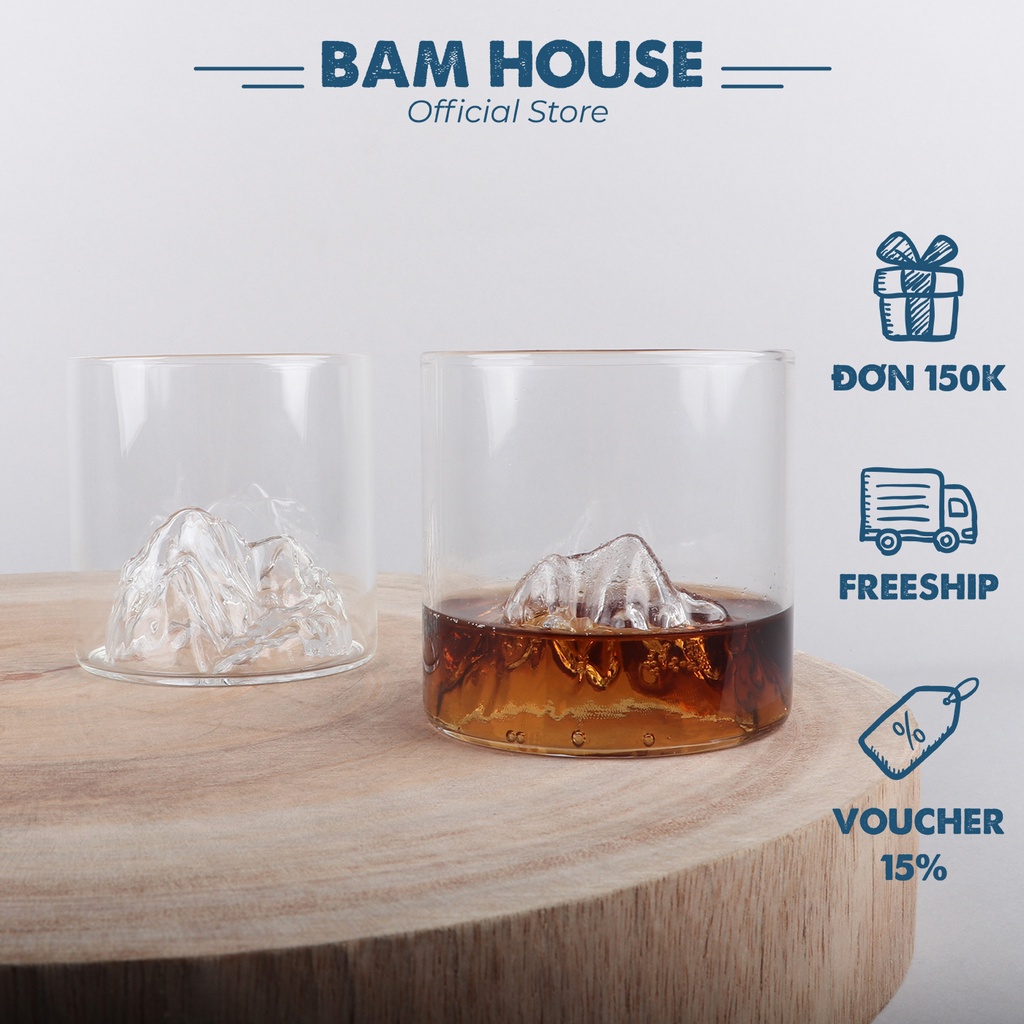 Ly thuỷ tinh Bam House 200ml hoạ tiết ngọn núi dùng uống ruou hoặc trà cao cấp LNN03