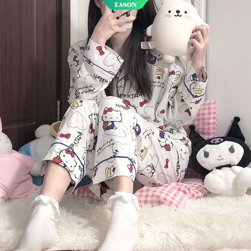 Bộ Đồ Ngủ Tay Dài Dáng Rộng In Hoạt Hình Sanrio Hello Kitty Phong Cách Nhật Bản Dễ Thương Thời Trang Cho Nữ