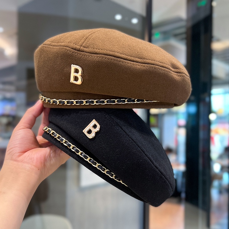 Mũ Beret Len Phối Dây Xích In Chữ Phong Cách Hàn Quốc Thời Trang Thu Đông Cho Nữ