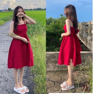 Đầm 2 dây nơ lưng màu đỏ