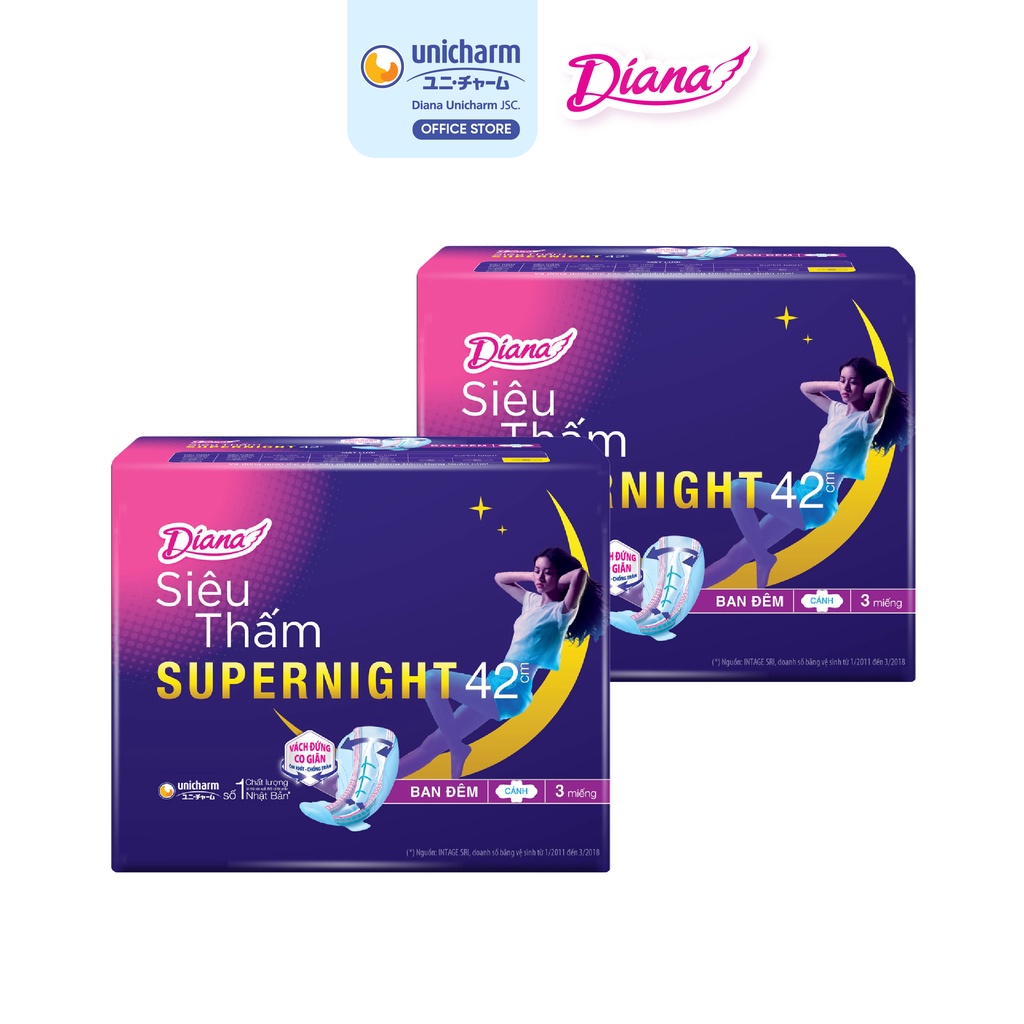 Bộ 2 gói băng vệ sinh Diana siêu thấm Supernight 42cm 3 miếng/gói