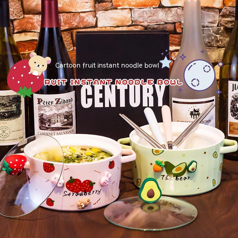Bát Gốm Ăn Mì Trái Cây Tức Thì Với Nắp Đậy Tai Đôi Dễ Vệ Sinh Nhiệt Độ Cao Có Thể Dùng Trong Lò Vi Sóng