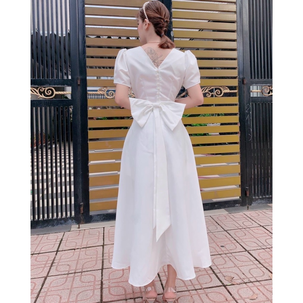 [11.11 Sale Freeship] Đầm dự tiệc nữ,đầm thun lạnh dài có mút tay ngắn cổ vuông ôm eo thắt nơ lưng cài khuy dáng xòe dx