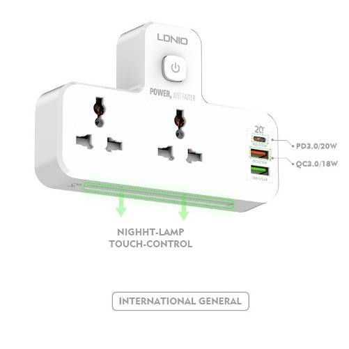 Ổ Cắm Điện Đa Năng Thông Minh LDNIO SK22 có đèn ngủ sạc nhanh USB-C 20W cổng QC 3.0 18W hai ổ 220V an toàn chống cháy nổ