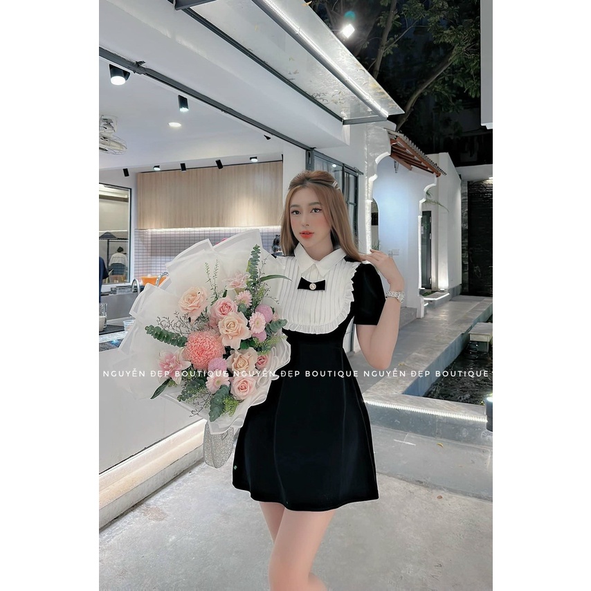 Váy Nhung Cổ Nơ Pha Bèo Trắng Tiểu Thư Siêu Xinh