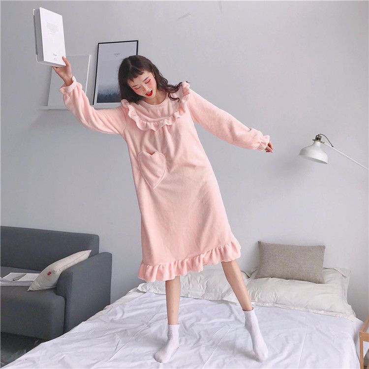 Hàng Có Sẵn Đầm Ngủ Dài Vừa Phải Bằng Vải Flannel Phong Cách Hàn Quốc Ngọt Ngào Dễ Thương Giữ Ấm Mùa Thu Đông