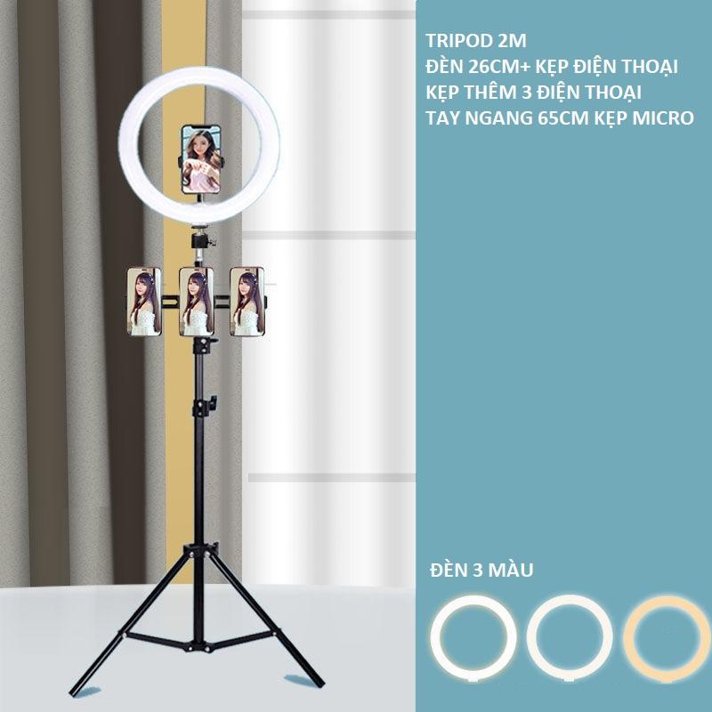 Combo đèn 26cm chân cao 2 mét, 3 kẹp điện thoại kèm tay ngang kẹp micro live tream bán hàng , trình diễn sân khấu..
