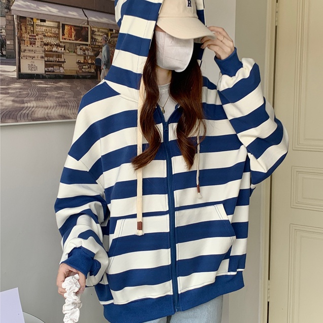 Áo hoodie SUXI tay dài dáng rộng kẻ sọc thời trang mùa thu cho nữ