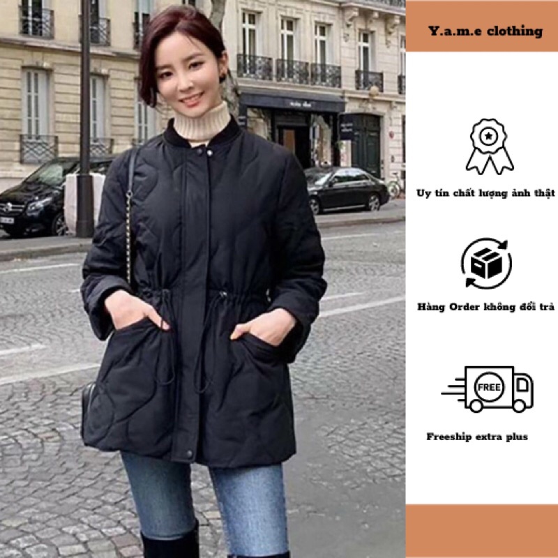 Áo khoác phao nữ dáng dài có dây rút eo phong cách Hàn Quốc màu đen và trắng hàng quảng châu có bigsize