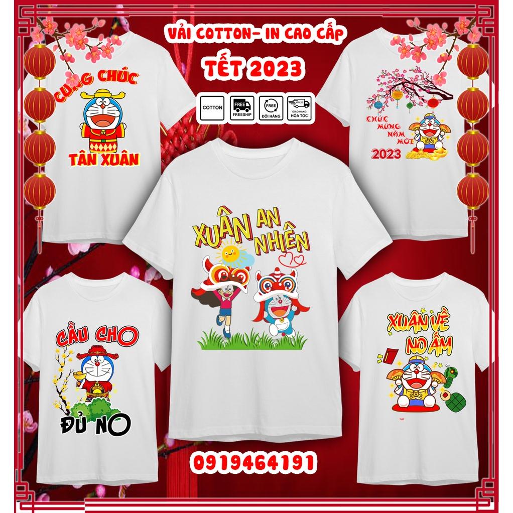 Áo thun doraemon tết quý mão 2023, áo thun tết con mèo doraemon, vải dày mịn mát, in cao cấp - Có size trẻ em