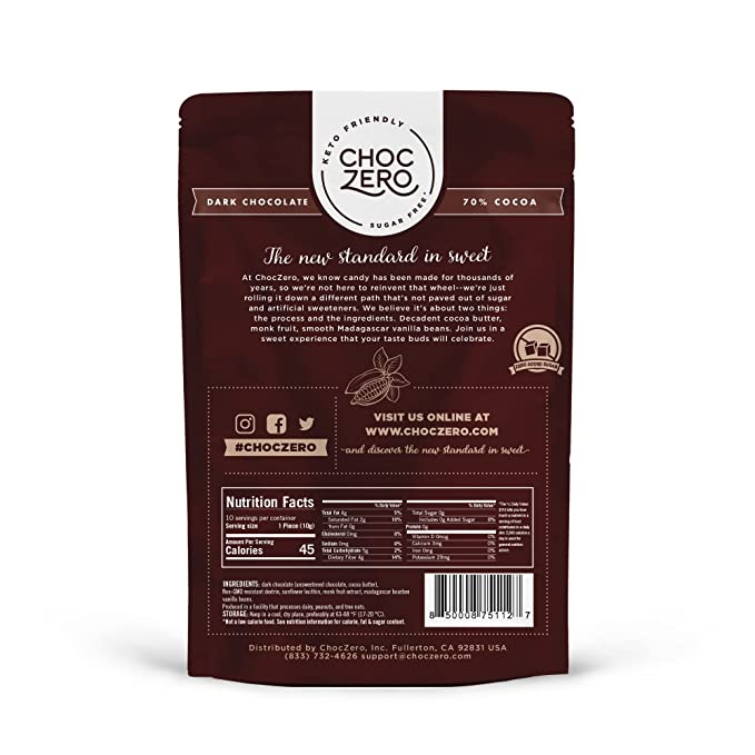 TÚI SOCOLA ĐEN 50% COCOA VUÔNG Choczero DARK CHOCOLATE SQUARES, KHÔNG ĐƯỜNG, ĂN KIÊNG Keto, Non GMO, Gluten Free, 100g