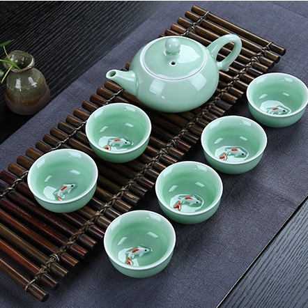 Bộ Trà Men Ngọc Xiao Dehua 6 Người - Tách Cá Chép Bộ Ấm Trà Gốm Sứ Trọn Bộ Quà Tặng Sự Kiện