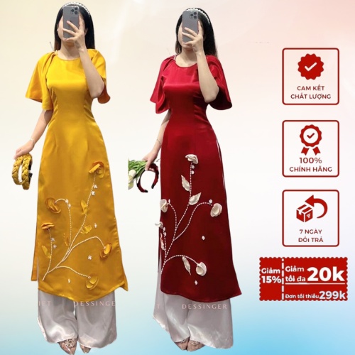 Áo Dài cách tân vải gấm tatta đỏ + vàng , áo dài vai bồng thêu hoa nổi  nhẹ nhàng