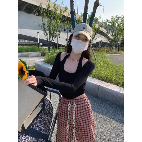 Áo croptop nữ tay dài hở vai Thunca.Store Áo croptop hở vai ôm body A2610