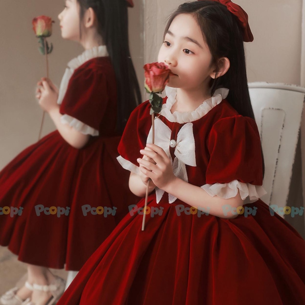 Váy Công Chúa Bé Gái Poopi Dáng Xòe Ngắn Tay Màu Đỏ Đính Nơ Dễ Thương, Váy Tết Cho Bé Gái Đi Chơi