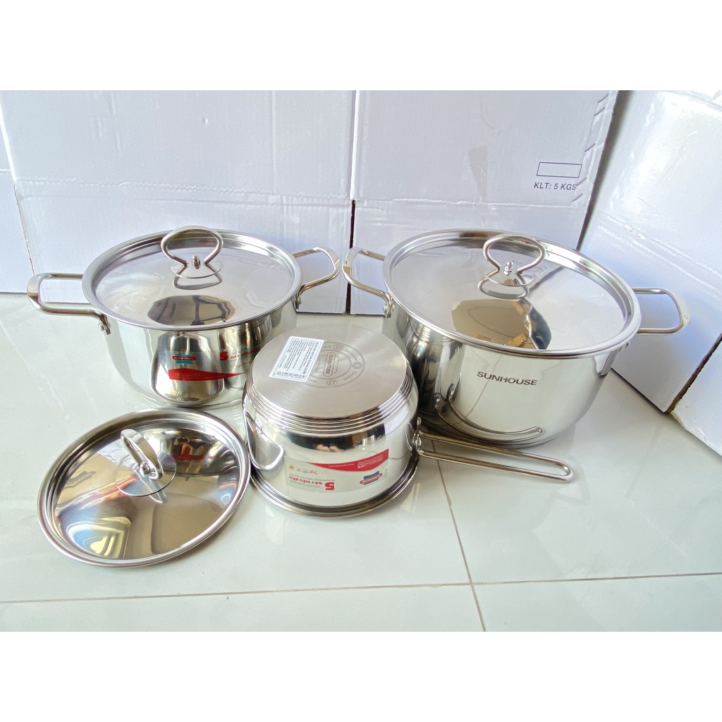 Bộ 3 Nồi Inox 5 Đáy SUNHOUSE 16-20-24CM Vung Inox Dùng Trên Mọi Loại Bếp