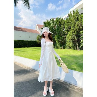 Đầm Trắng Hai Dây Eo Corset Cúp Ngực Dáng Midi Kèm Áo Khoác Trắng Minimoo