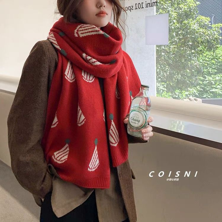 Khăn Choàng Cổ Bằng Len Dệt Kim Giữ Ấm Mùa Đông Phong Cách Giáng Sinh Dành Cho Nữ