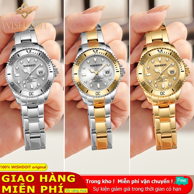Đồng hồ WISHDOIT analog máy quartz dạ quang bằng thép không gỉ chống thấm nước thời trang sang trọng cho nữ