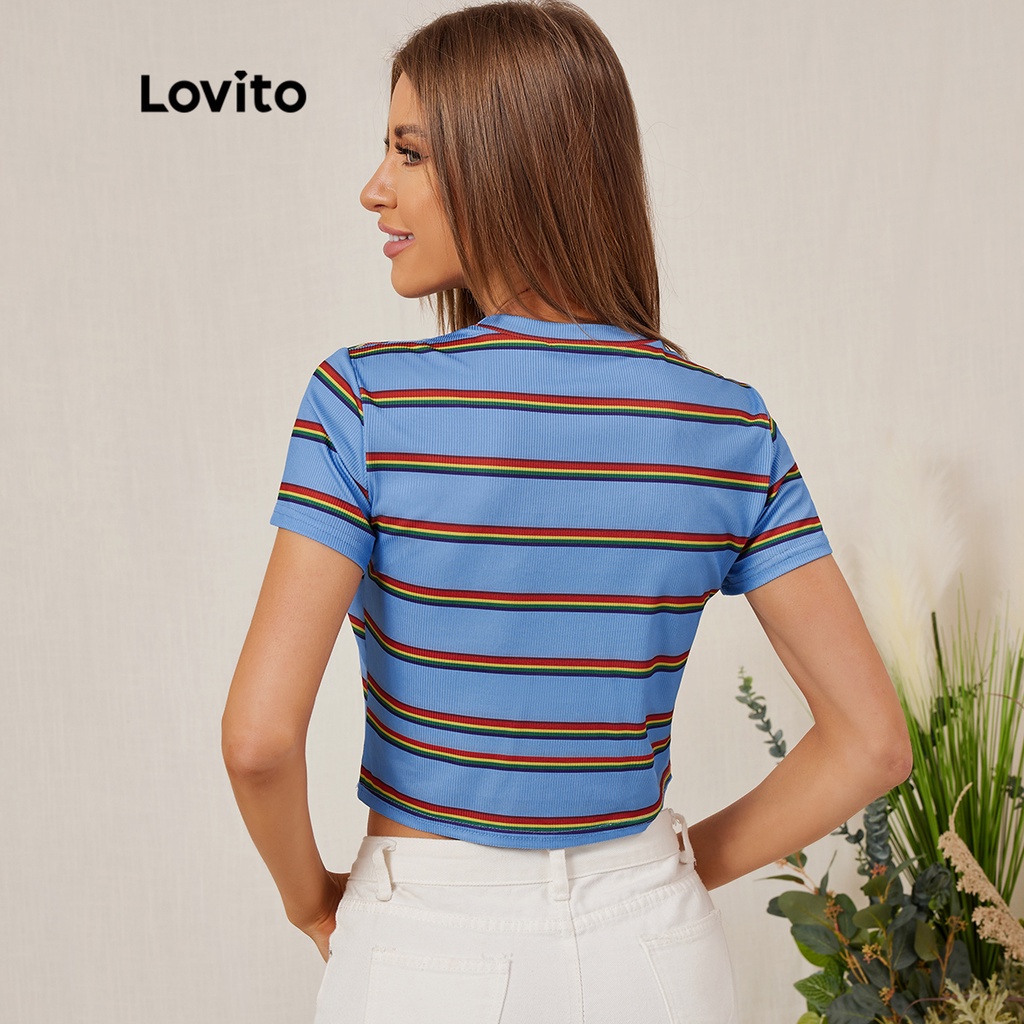 Áo thun Lovito tay ngắn cổ tròn kẻ sọc phong cách thường ngày L18D036 (Màu xanh dương)