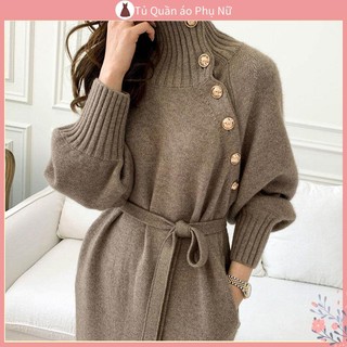 Đầm Váy Len Áo Dệt Kim Tay Cổ Cao Dáng Dài Cột Dây Phối Nút Phong Cách Retro Hàn Quốc