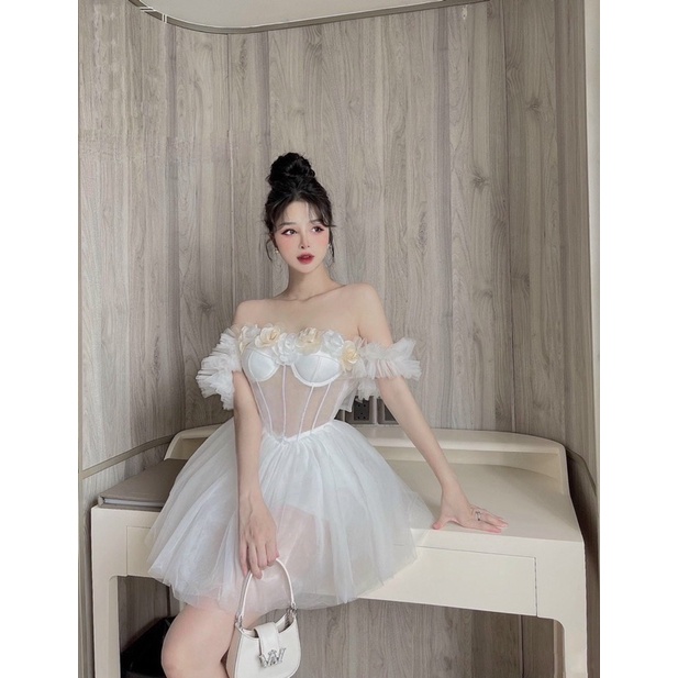 Đầm xoè form ngắn mini TRIPBLE T DRESS dây nhún kết hoa nổi sang trọng -MS428V
