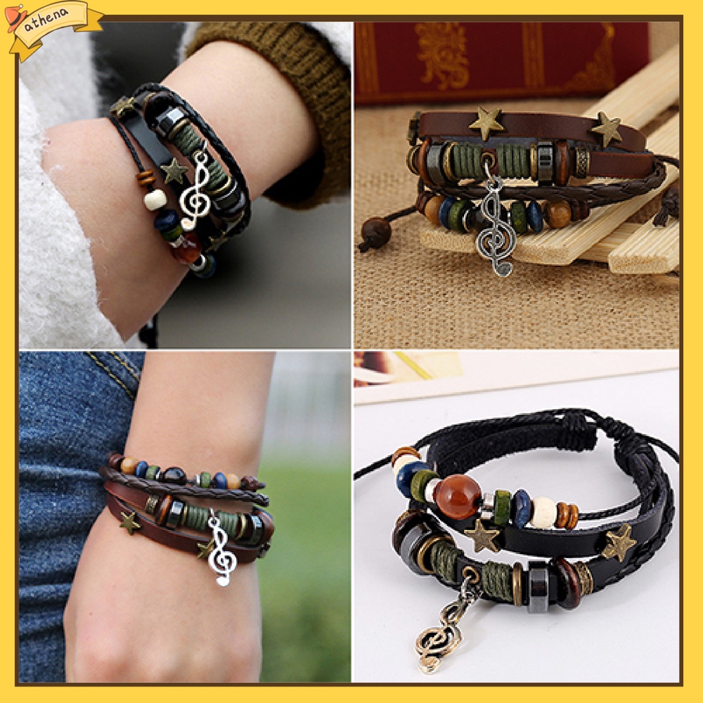 Vòng tay da phối hạt kiểu dáng thời trang thanh lịch cho nam và nữ