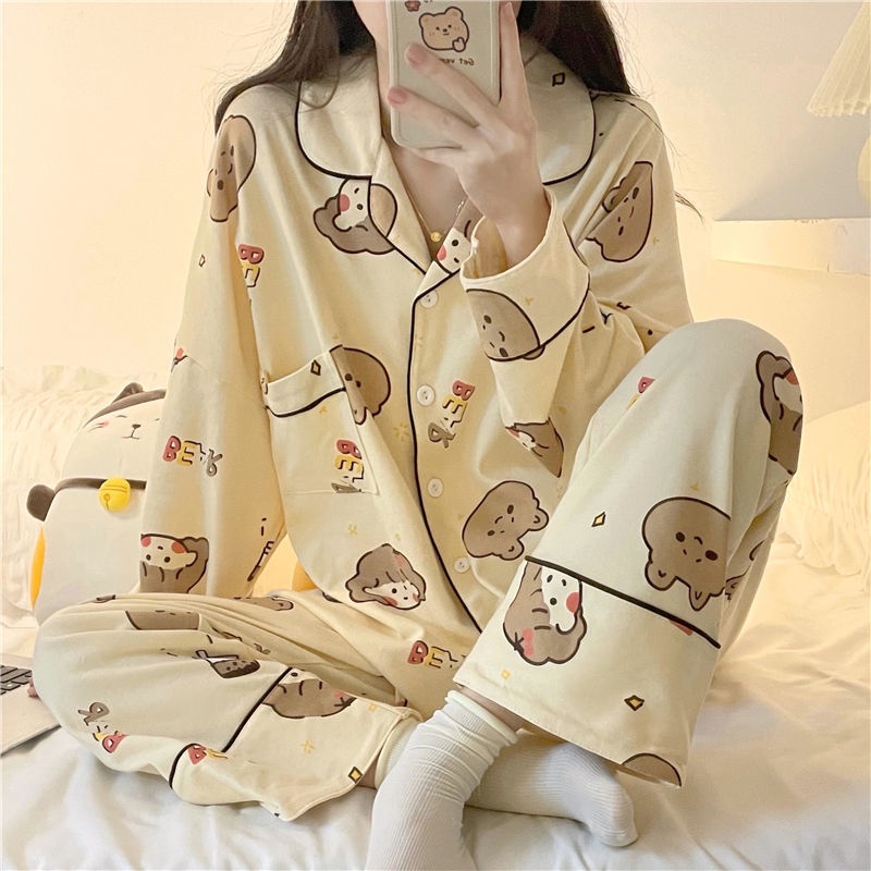 Bộ đồ ngủ FDS với áo dài tay họa tiết gấu dễ thương phong cách Hàn Quốc thời trang xuân thu cho nữ