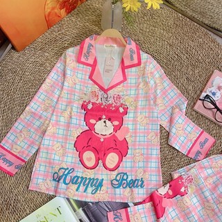 Set Pyjama Lụa Xước Ánh Kim Gấu Dâu Hồng