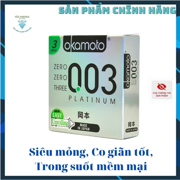 Bao cao su Okamoto 0.03 Platinum, Siêu mỏng, Co giãn tốt, Trong suốt mềm mại - Hộp 3 Cái
